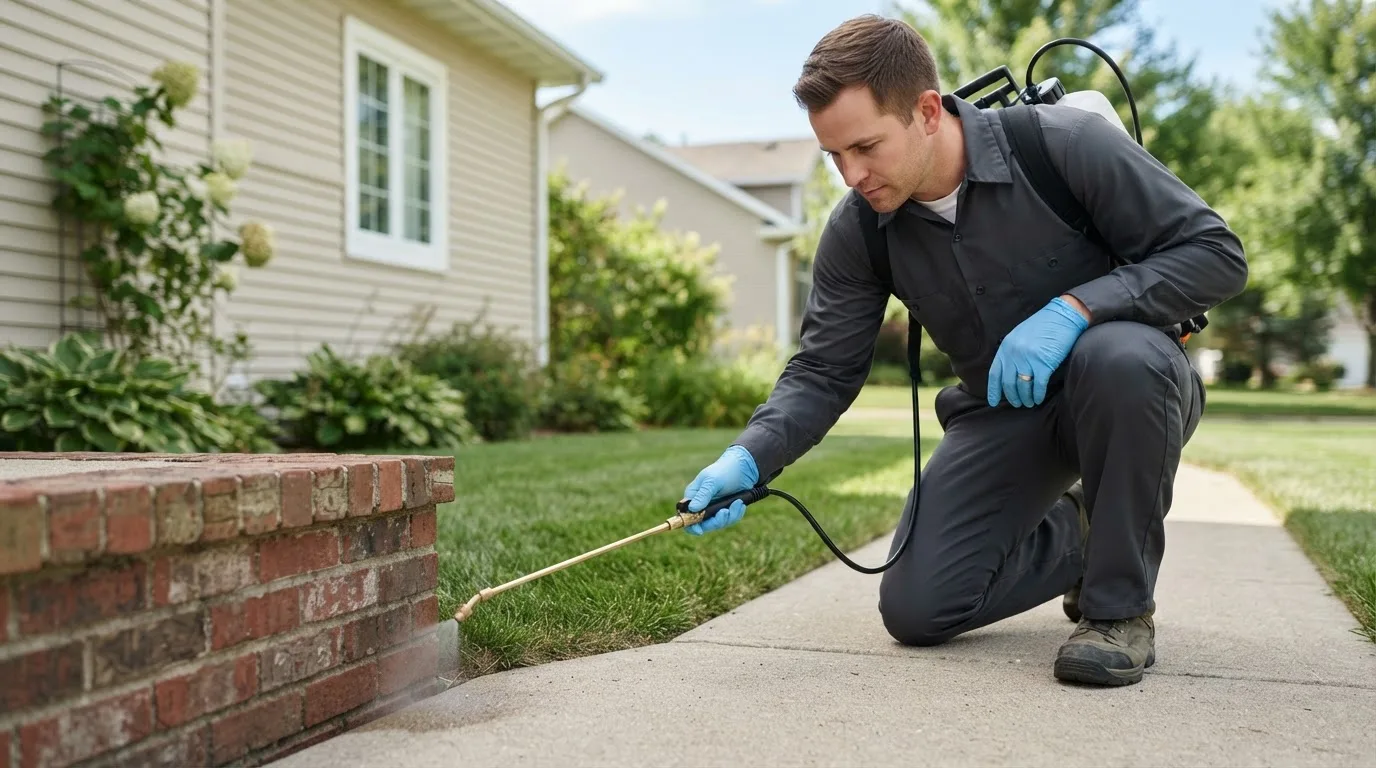Pest control technician treating a home near Maple City, KS