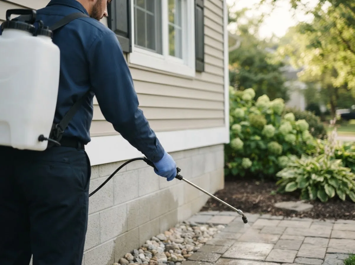 Pest control technician inspecting a home in Maple City, KS